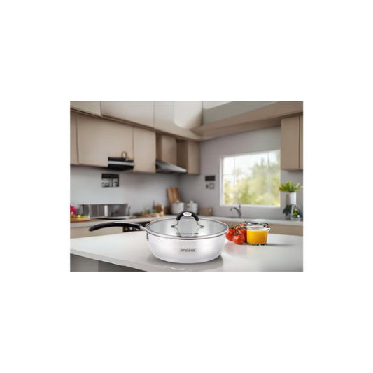 Arshia 3084 - مقلاة أرشيا المصنوعة من الفولاذ المقاوم للصدأ بمقبض طويل مع غطائين 24 سم