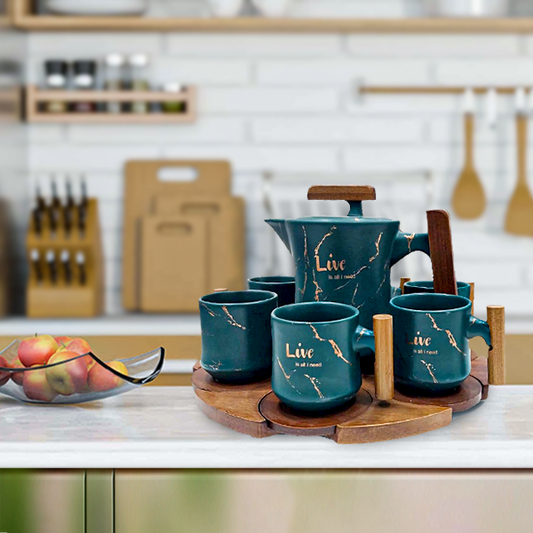 طقم قهوة الاندلس ماربل مع صينية خشب متعددة الألوان COF159