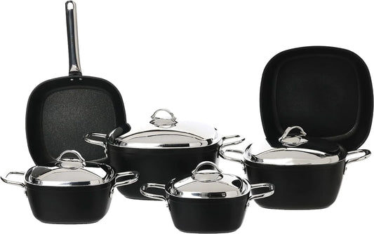 طقم حلل سافلون تيتانيوم مربع 10 قطع يد استانلس ألوان متعددة