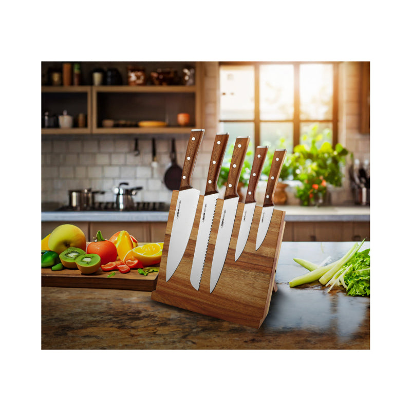 طقم سكاكين 6 قطع استانليس استيل مع حامل خشب مغناطيسي – أرشيا 3191