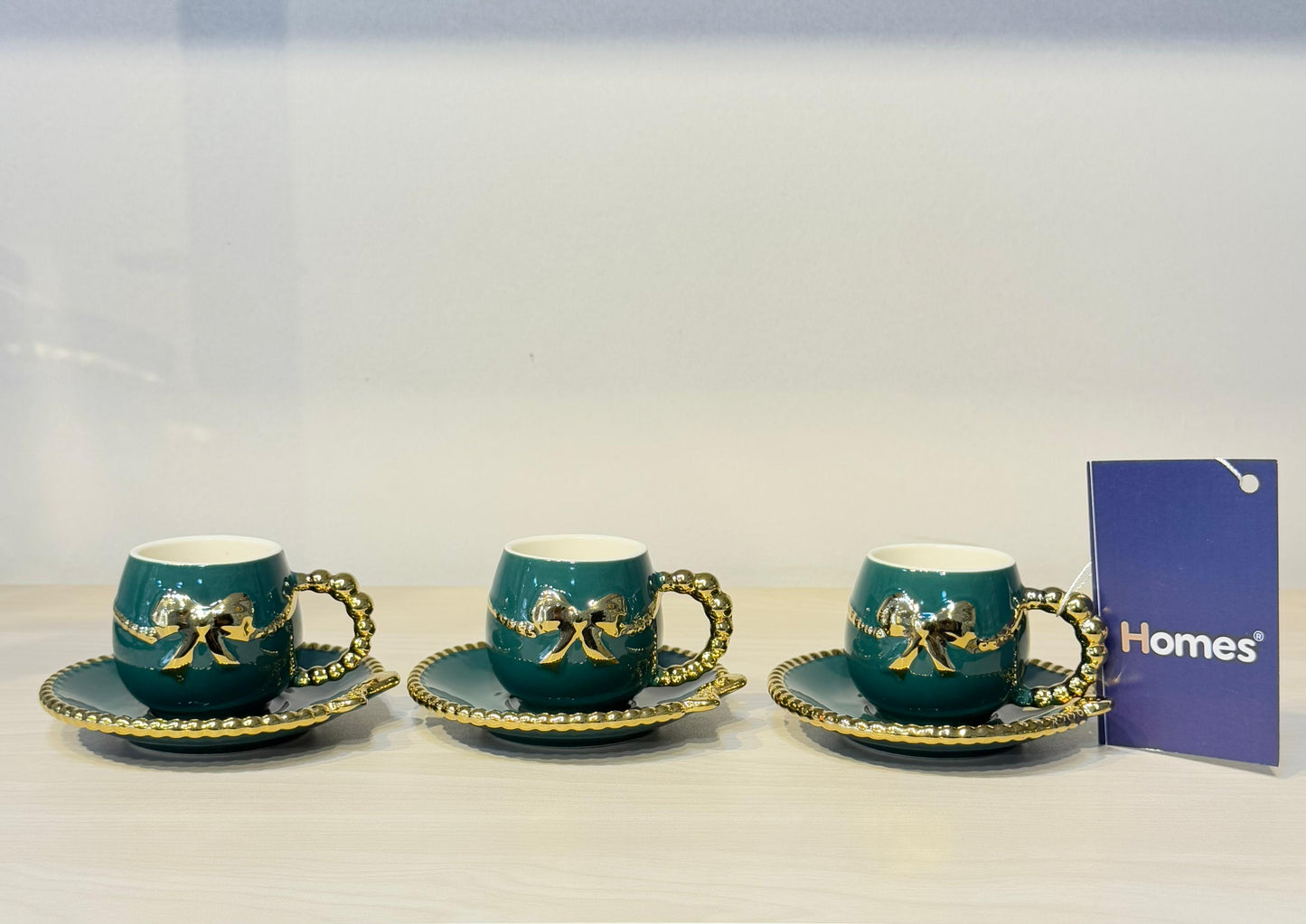 طقم فنجان قهوة مستورد 12 قطعة فيونكة مدهبة يد بابلز – تصميم أنيق وفاخر