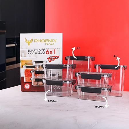 طقم علب تخزين أكريليك شفاف 6 قطع سمارت لوك من Phoenix بأحجام متنوعة