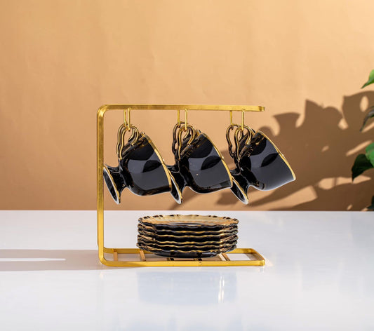 طقم شاي أسود بيد دهبي مع حامل استيل جولد – 13 قطعة أنيق