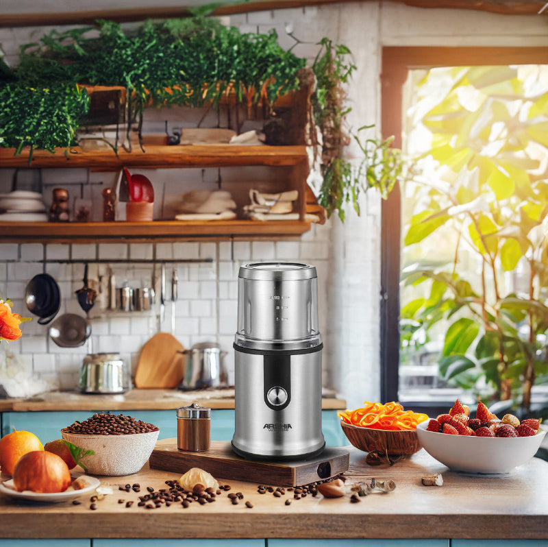 مطحنة قهوة أرشيا ستانلس ستيل 400 وات مع وعاء جاف ورطب وشفرات متينة