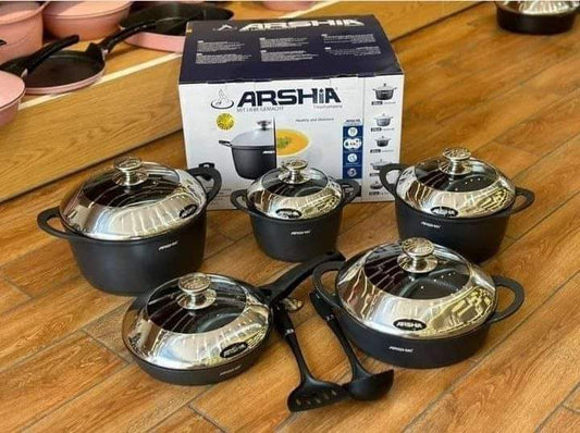 طقم حلل تيفال تيتانيوم أرشيا 10 قطع أسود موديل 3013 غير لاصق مع أغطية زجاجية