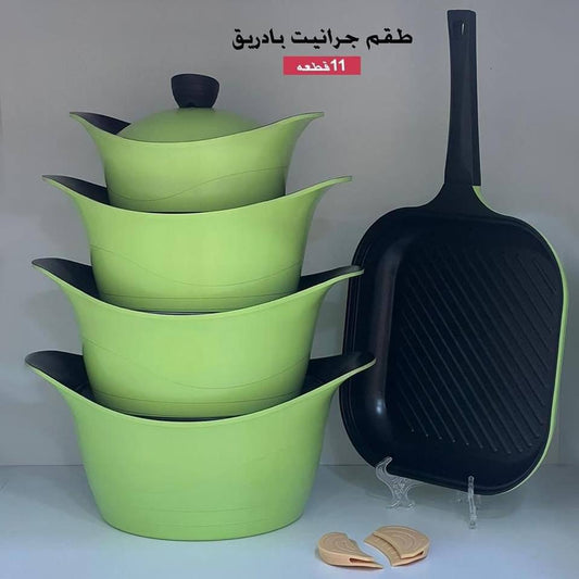 طقم حلل جرانيت بادريق سعودي 11 قطعة مدور غير لاصق بتوزيع حرارة مثالي