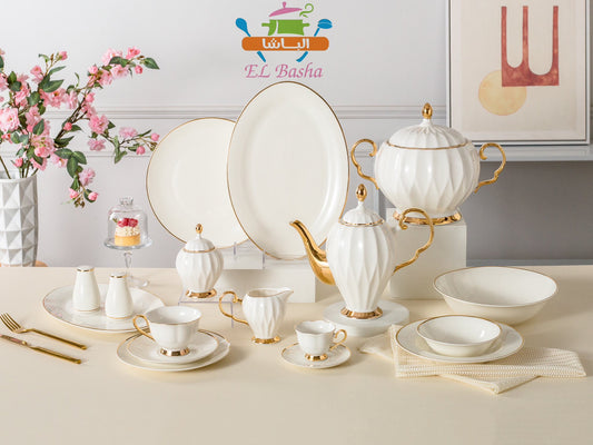 طقم سفرة مضلع 60 قطعة من الباشا بيد ذهبية تصميم فاخر وأنيق