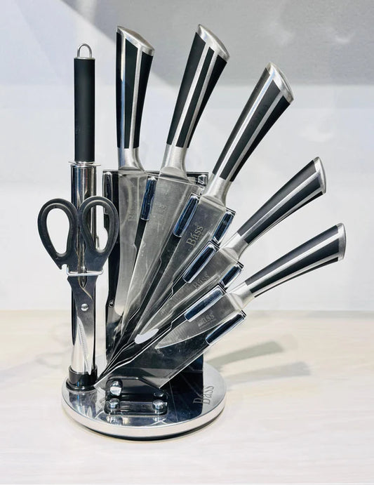 طقم سكاكين استانلس ستيل باص الأصلي مع حامل أكريليك دوار 360 – 8 قطع عالية الجودة