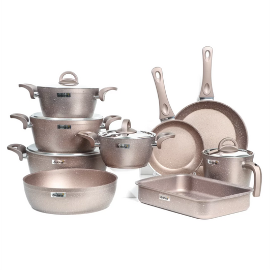 طقم حلل جرانيت دروبينا 14 قطعة لون روز عالي الجودة مع أغطية ستانلس