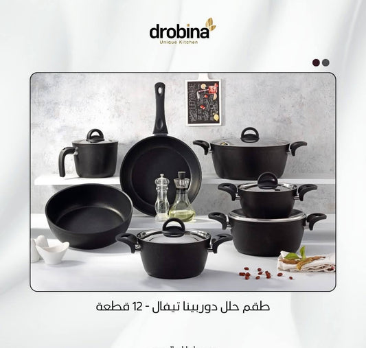 طقم حلل تيفال تيتانيوم دروبينا 12 قطعة غير لاصق بمقاسات متعددة وألوان أنيقة لطهي صحي وسهل