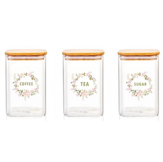 طقم برطمانات توابل زجاج بغطاء خشب محكم – 3 قطع سعة 500 مل