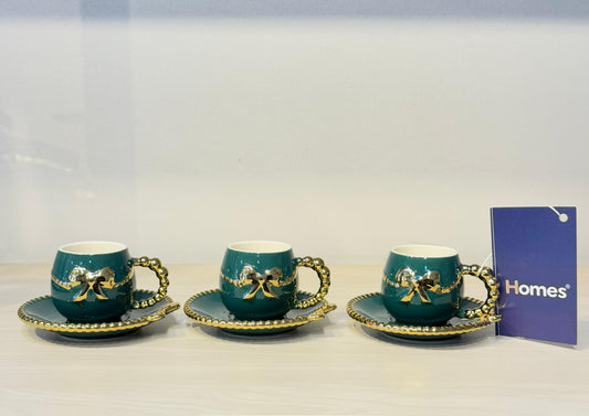 طقم فنجان قهوة مستورد 12 قطعة فيونكة مدهبة يد بابلز أنيق وفاخر من البورسلين