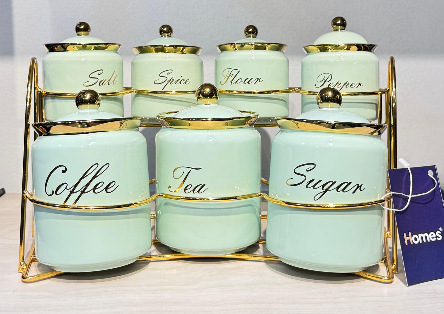 طقم توابل مدهب بروسلين مع حامل استيل مدهب – 8 قطع فاخرة للمطبخ