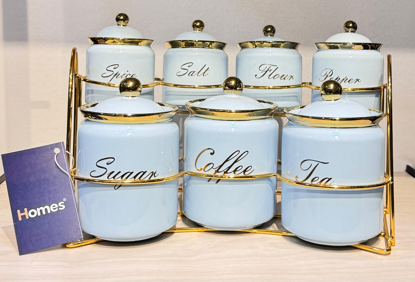 طقم توابل بورسلين لبني 8 قطع مع حامل ستيل مدهب