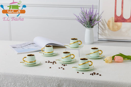 طقم قهوة بورسلين مودرن 12 قطعة بخط مدهب أو فضى أنيق
