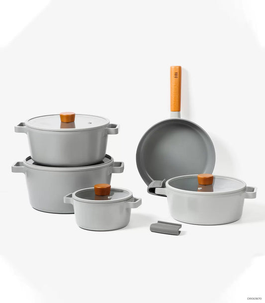 طقم حلل سيراميك نيوفلام موديل فيكا 11 قطعة بغطاء زجاجي مدور ومقابض خشبية