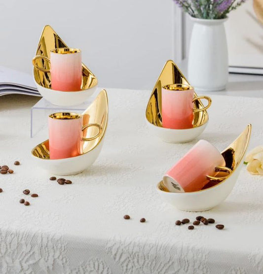 طقم قهوة بورسلين فاخر 12 قطعة يد ذهبى أو فضى أنيق