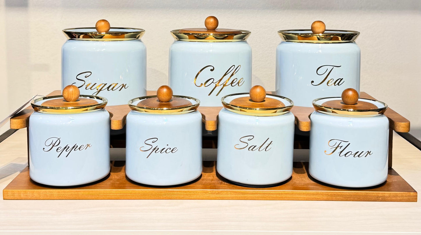 طقم توابل 8 قطع بورسلين مع حامل خشب مقاوم للماء