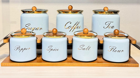 طقم توابل 8 قطع بورسلين مع حامل خشب مقاوم للماء