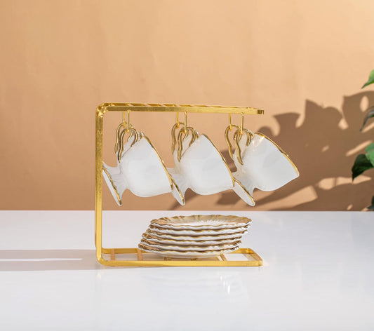 طقم شاي أبيض مدهب 13 قطعة بحامل ستيل جولد فاخر للضيافة