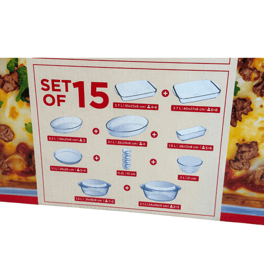 طقم بايركس حراري فرنساوي أصلي 15 قطعة زجاج شفاف آمن للفرن والميكروويف