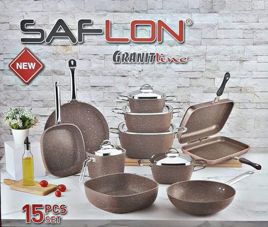 طقم حلل سافلون جرانيت تركي أصلي 15 قطعة مربع يد استانلس ألوان روز أسود بني رصاصي