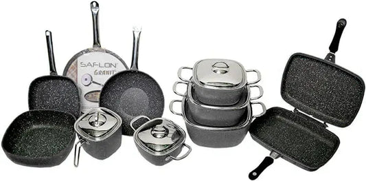 طقم حلل سافلون جرانيت تركي أصلي 15 قطعة مربع يد استانلس ألوان روز أسود بني رصاصي