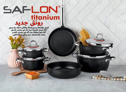 طقم حلل تيتانيوم سافلون مدور 10 قطع يد استانلس أصلي من الرملاوي متوفر بألوان متعددة