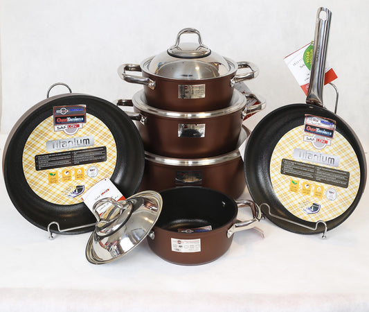 طقم حلل تيتانيوم سافلون مدور 10 قطع يد استانلس أصلي من الرملاوي متوفر بألوان متعددة