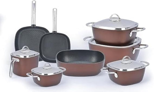 طقم حلل سافلون تيتانيوم تركي أصلي 13 قطعة مربع يد استانلس ألوان روز أسود بني رصاصي