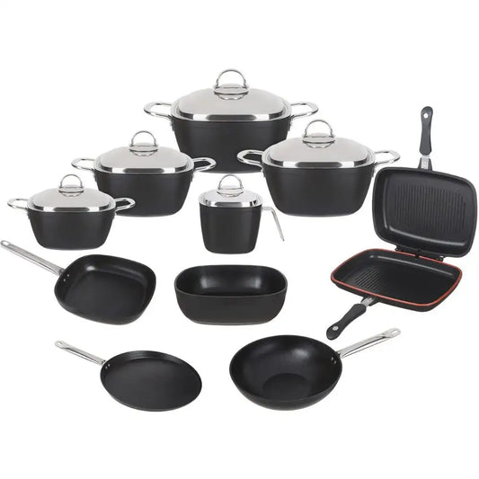 طقم حلل سافلون تيتانيوم تركي أصلي 15 قطعة مربع يد استانلس ألوان أحمر رصاصي أسود