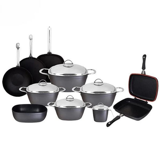 طقم حلل سافلون تيتانيوم تركي أصلي 15 قطعة مربع يد استانلس ألوان أحمر رصاصي أسود