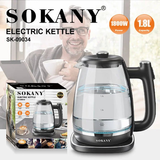 غلاية كهربائية زجاج سوكاني 1.8 لتر 1800 وات شفافة مع مؤشر مستوى الماء