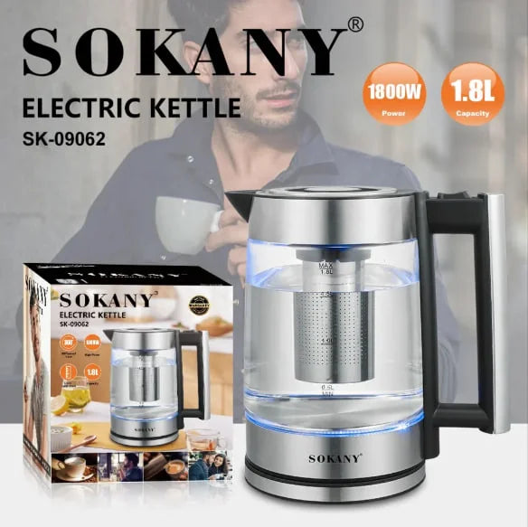 غلاية زجاج سوكاني SK-09062 سعة 1.8 لتر بقدرة 1800 وات مع مصفاة وإضاءة LED