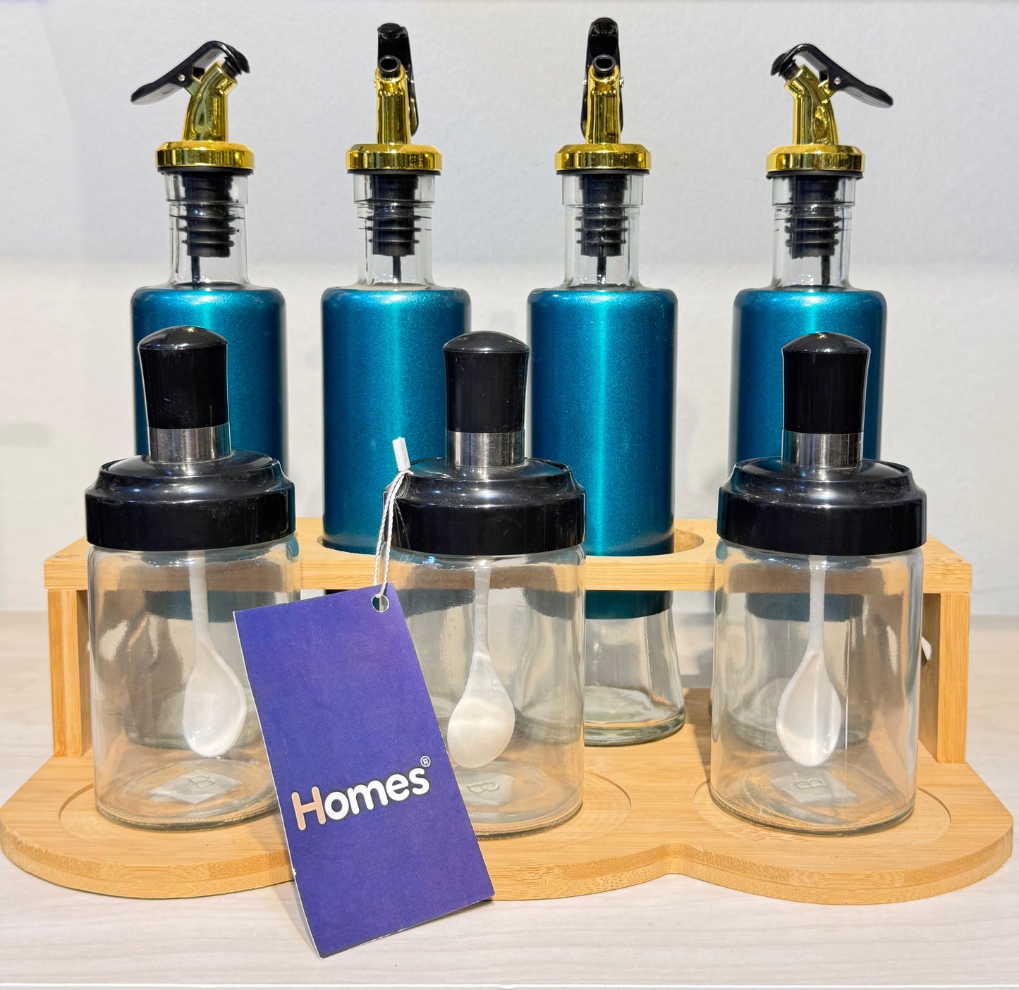 طقم توابل وزيت زجاج مع حامل خشب مقاوم للماء – 8 قطع للمطبخ العصري