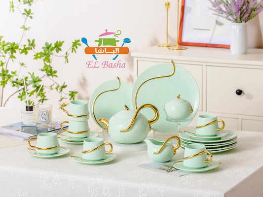 طقم شاي وجاتو خط دهب الباشا 24 قطعة بورسلين فاخر للضيافة