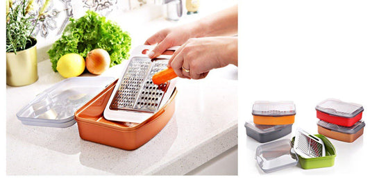 مبشرة تركي مع علبة بلاستيك صحية لتجميع وتخزين الطعام المبشور