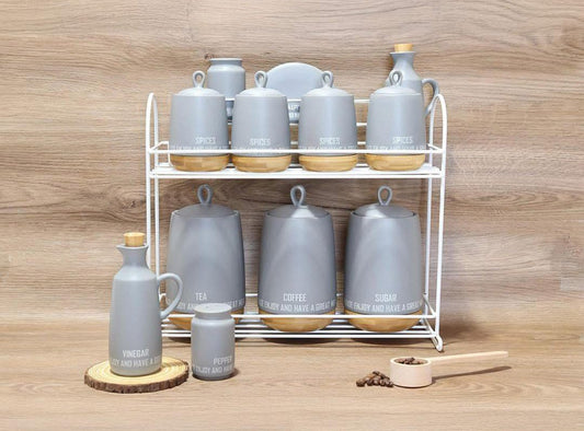 طقم توابل تركي 13 قطعة رصاصي مع استاند أبيض وعبوات للشاي والقهوة والسكر والزيت والخل