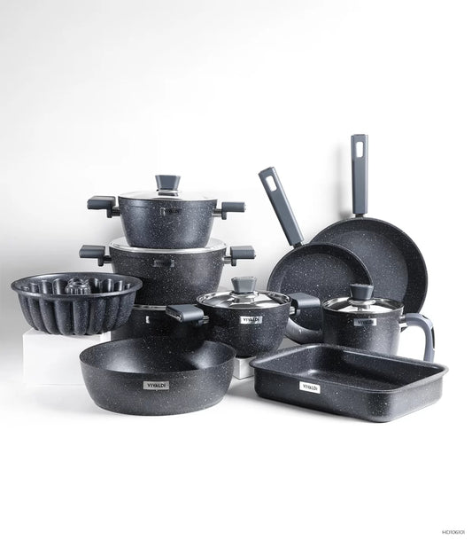 طقم حلل جرانيت فيفالدي 15 قطعة مع أغطية استانلس وألوان عصرية للمطبخ