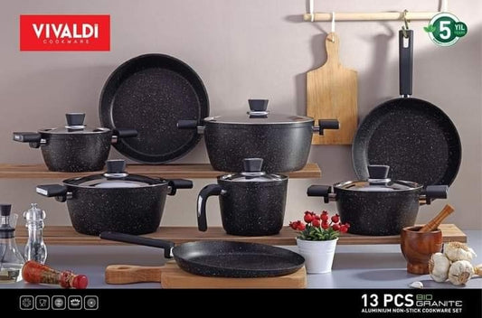 طقم حلل فيفالدي جرانيت 13 قطعة باللون الأسود – صناعة تركية أصلية