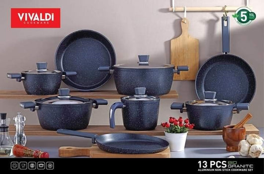 طقم حلل فيفالدي جرانيت 13 قطعة باللون الأزرق – تركي أصلي عالي الجودة