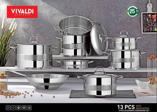 طقم حلل فيفالدي استانلس 13 قطعة موديل إليجانس بيد سيلفر