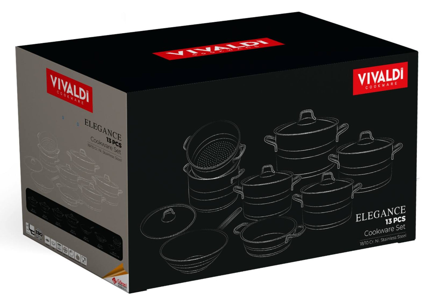 طقم حلل فيفالدي استانلس 13 قطعة موديل إليجانس بيد سيلفر