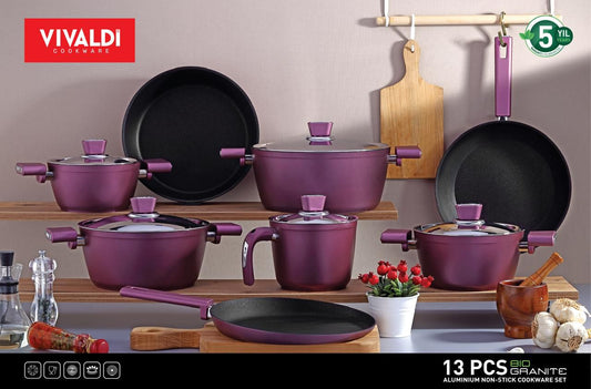 طقم حلل فيفالدي تيتانيوم 13 قطعة باللون الفوشيا – تصميم عصري وخامة تركية