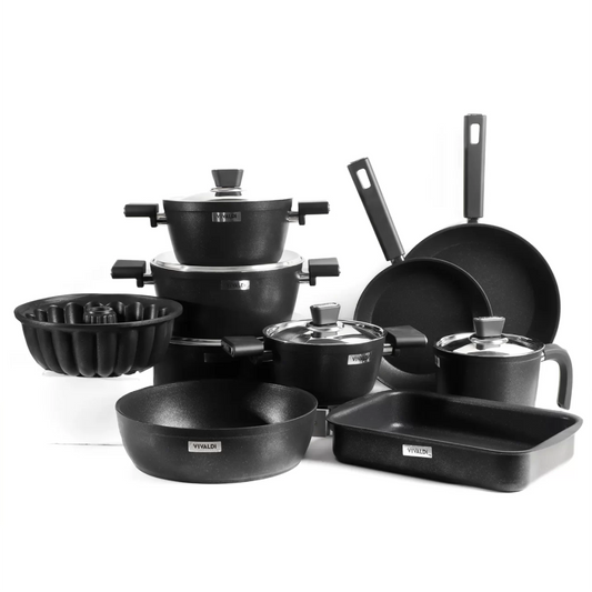 طقم حلل تيتانيوم فيفالدي 15 قطعة باللون الأسود مصنوع من التيتانيوم غير اللاصق بتصميم فاخر ومتانة عالية