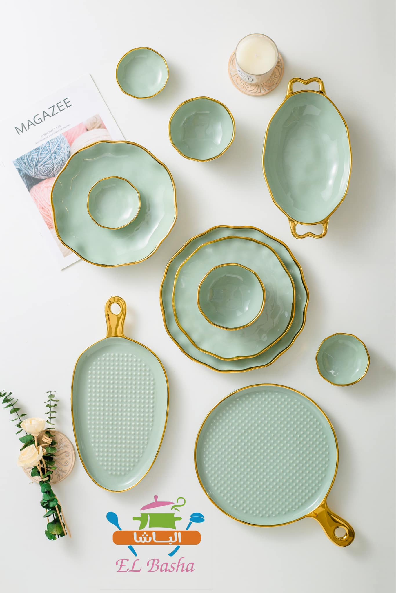 طقم عشاء بورسلين حراري 30 قطعة بحروف مدهب – آمن للميكرويف الباشا