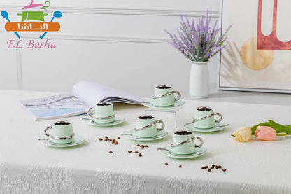 طقم قهوة بورسلين مودرن 12 قطعة الباشا – خط مدهب أو فضى أنيق