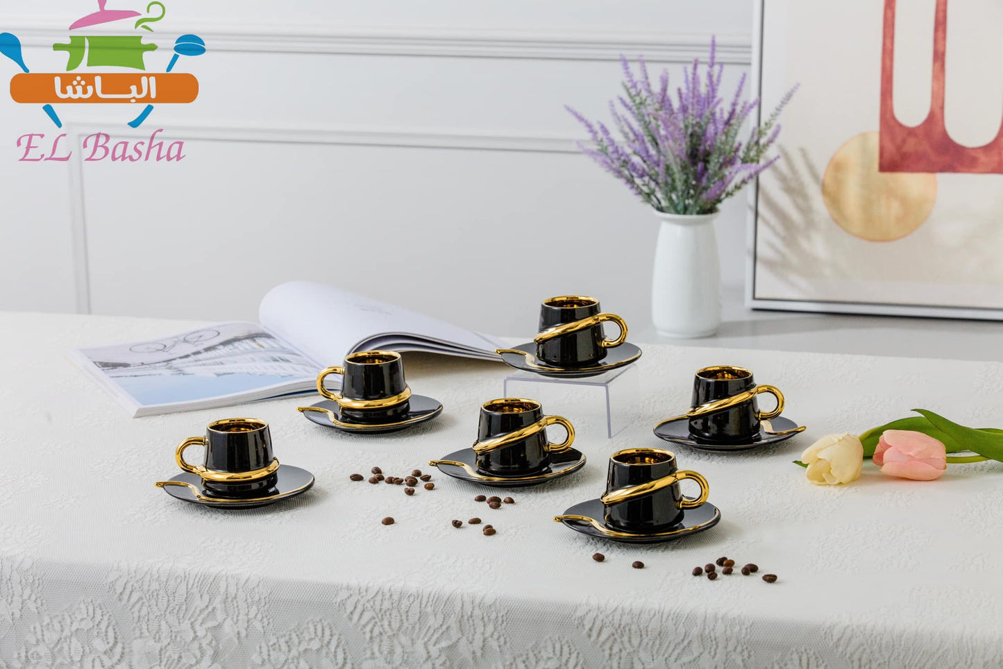 طقم قهوة بورسلين مودرن 12 قطعة الباشا – خط مدهب أو فضى أنيق