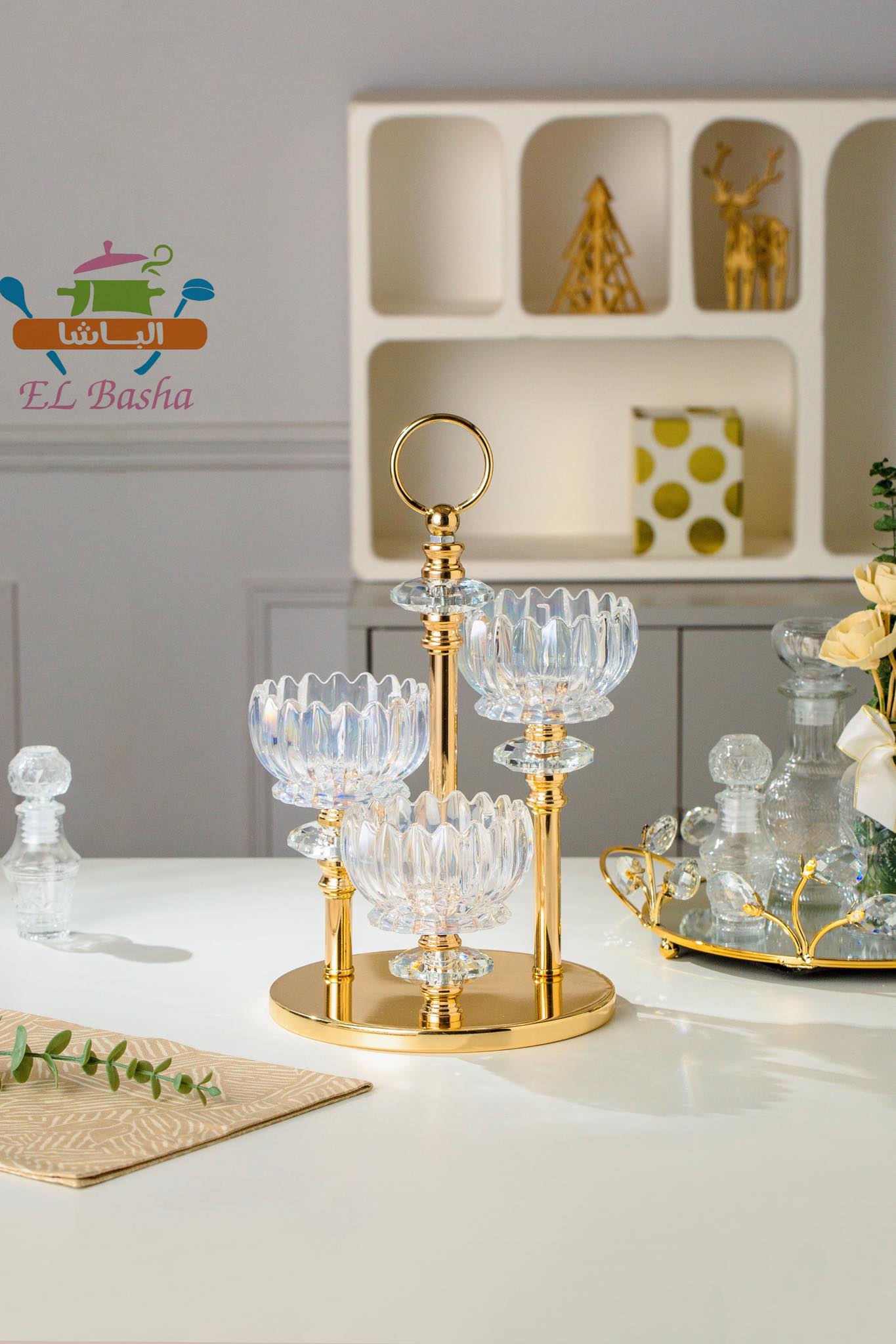 شمعدان ثلاثي جلاس كوبر الباشا كريستال زجاج مستورد