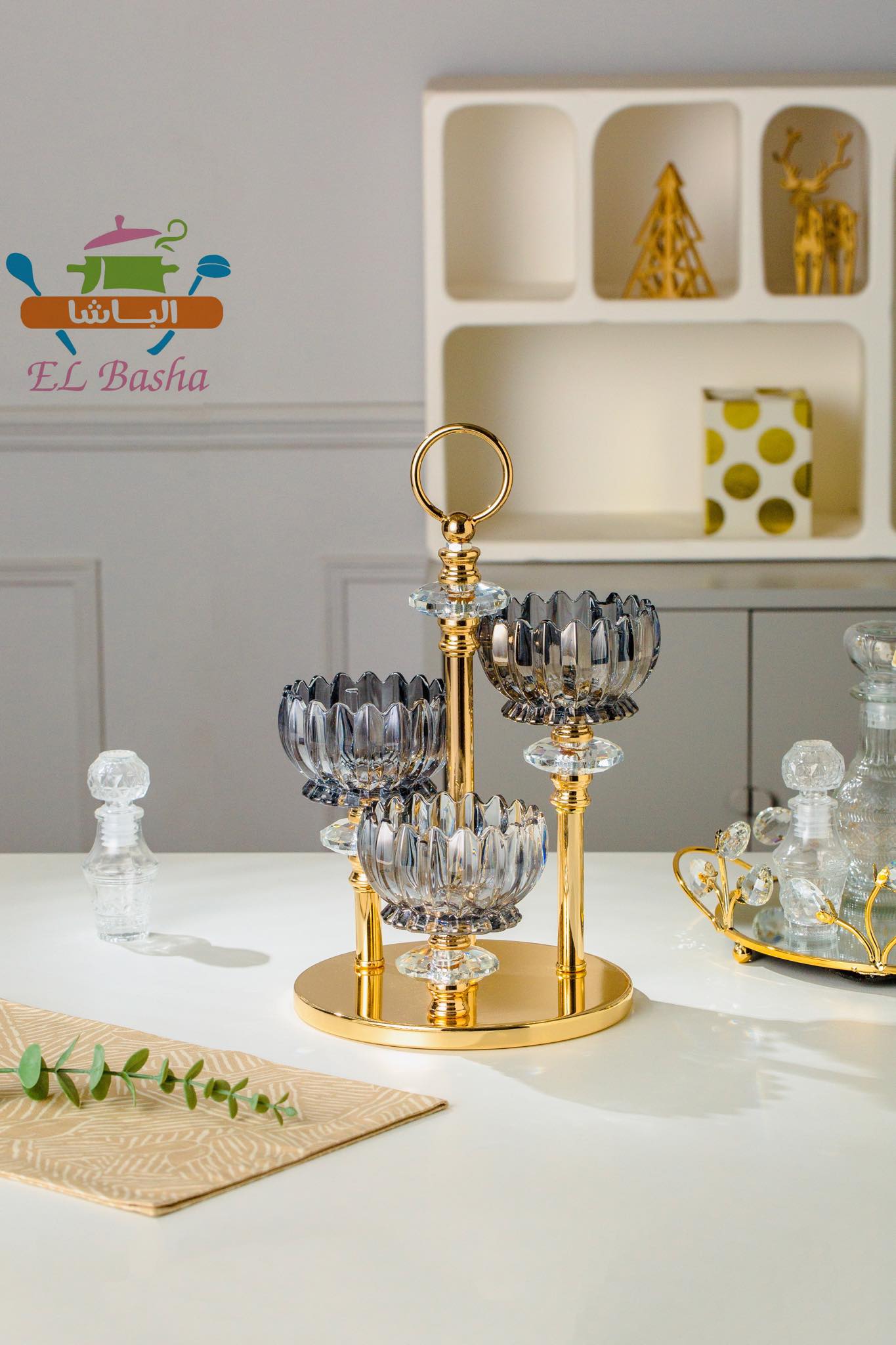 شمعدان ثلاثي جلاس كوبر الباشا كريستال زجاج مستورد